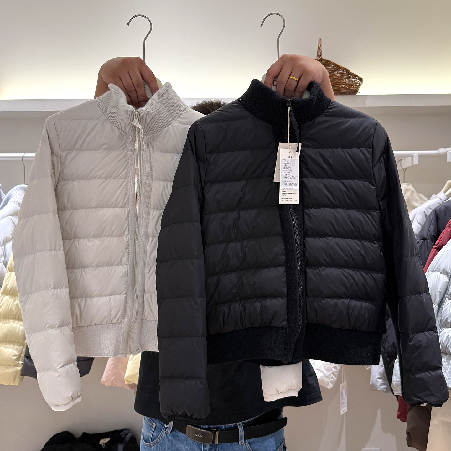针织拼接90白鸭绒立领羽绒服女