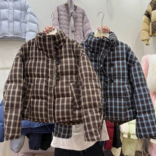 2025冬季新款美式复古咖格子短款羽绒服女立领学生面包服保暖外套