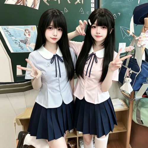 月璃初/小狐町原创jk短袖百搭衬衫学院风收腰甜美刺绣圆领短袖款