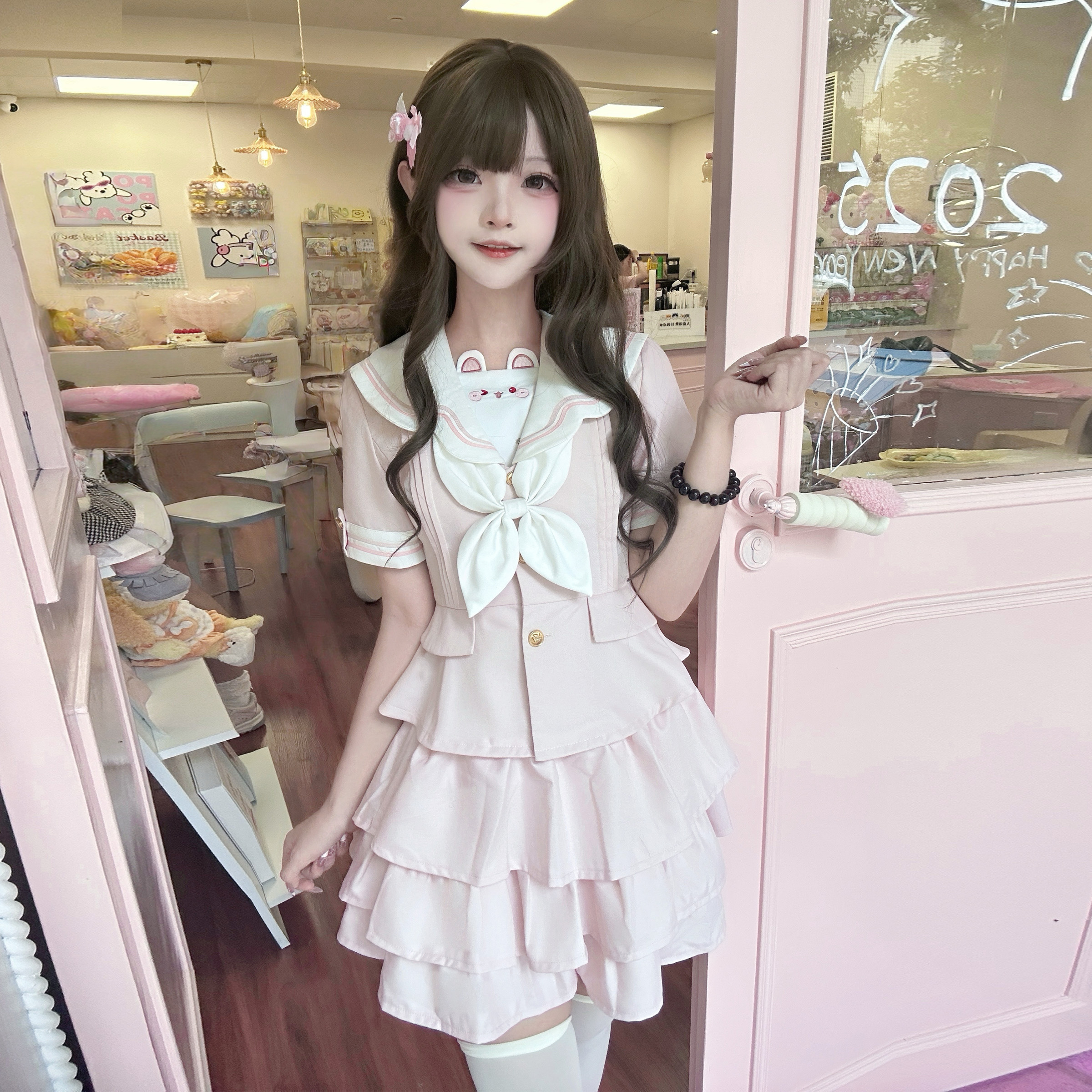 小狐町【梦女孩】原创jk制服短袖粉色可爱水手服收腰款蛋糕裙套装