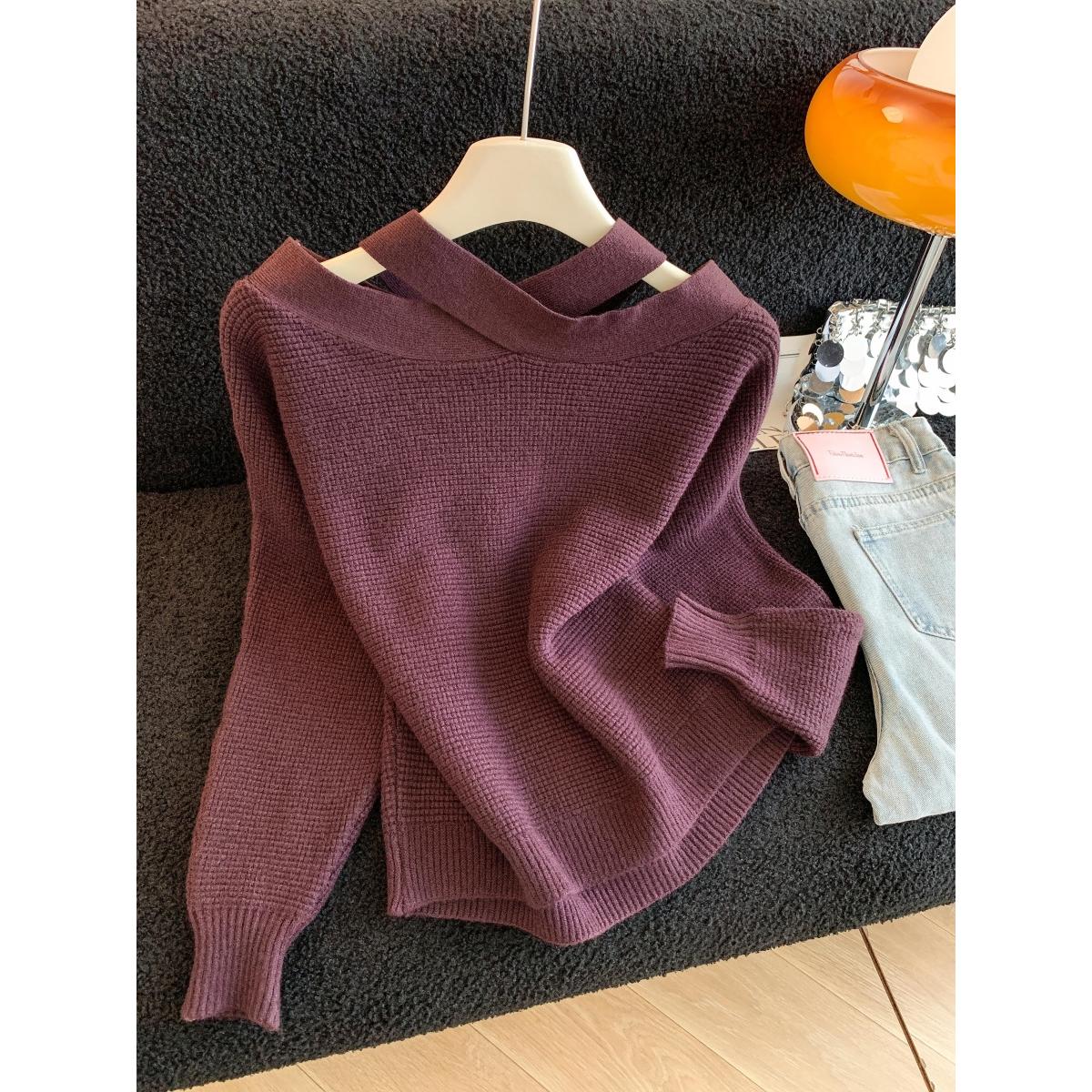 东大门高端南油女装2025交叉挂脖针织衫女蝙蝠袖一字肩高级感上衣