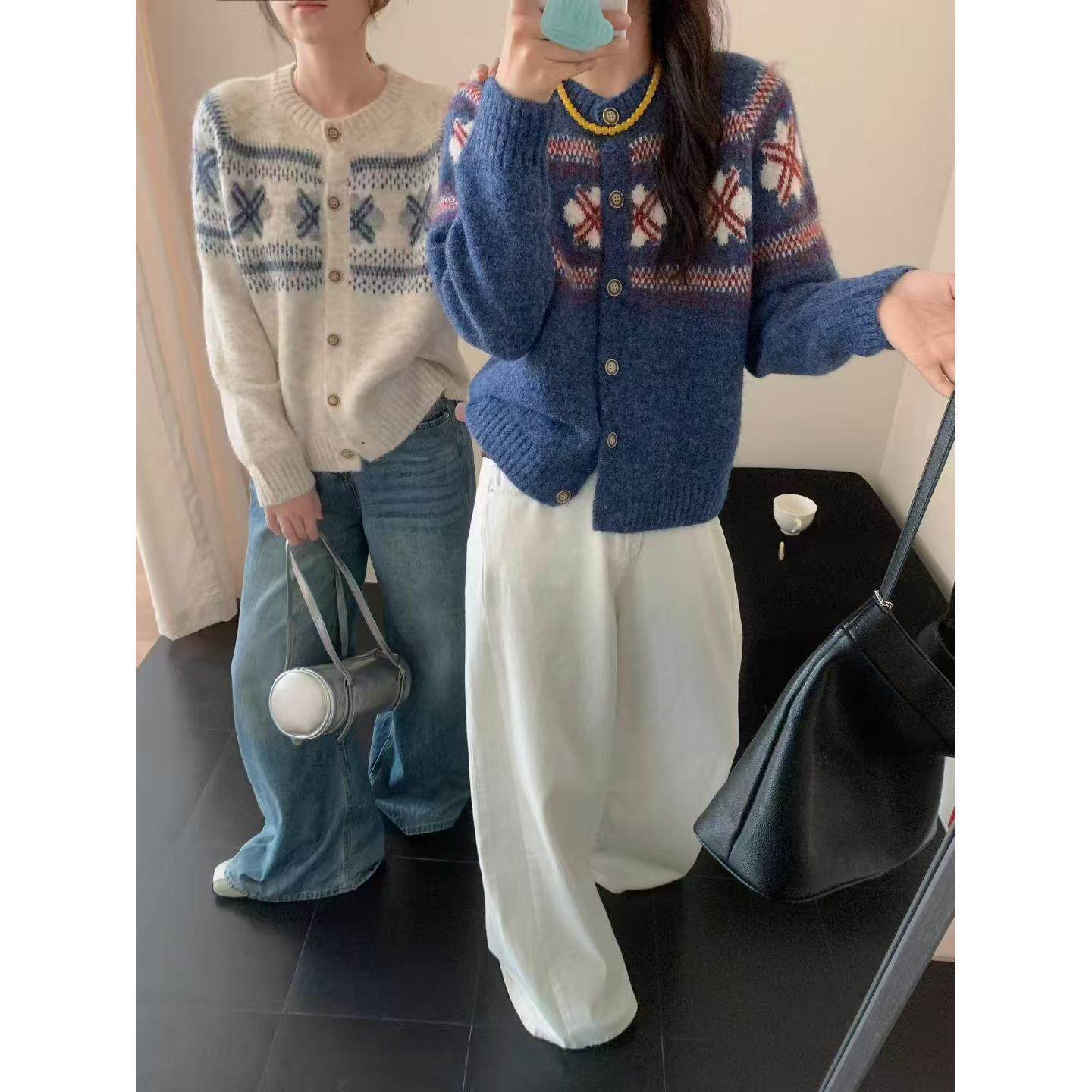韩国东大门秋季新款复古毛衣女韩系chic圆领费尔岛雪花开衫上衣