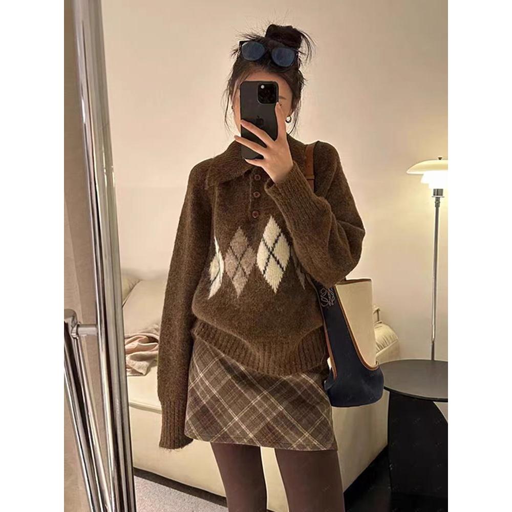 韩系秋冬美拉德咖色菱格polo领毛衣女慵懒外穿宽松chic针织衫上衣