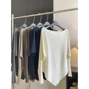 东大门法式chic不规则设计感蝙蝠袖宽松针织衫慵懒风套头毛衣上衣