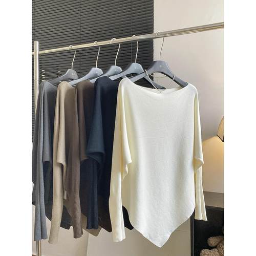 东大门法式chic不规则设计感蝙蝠袖宽松针织衫慵懒风套头毛衣上衣