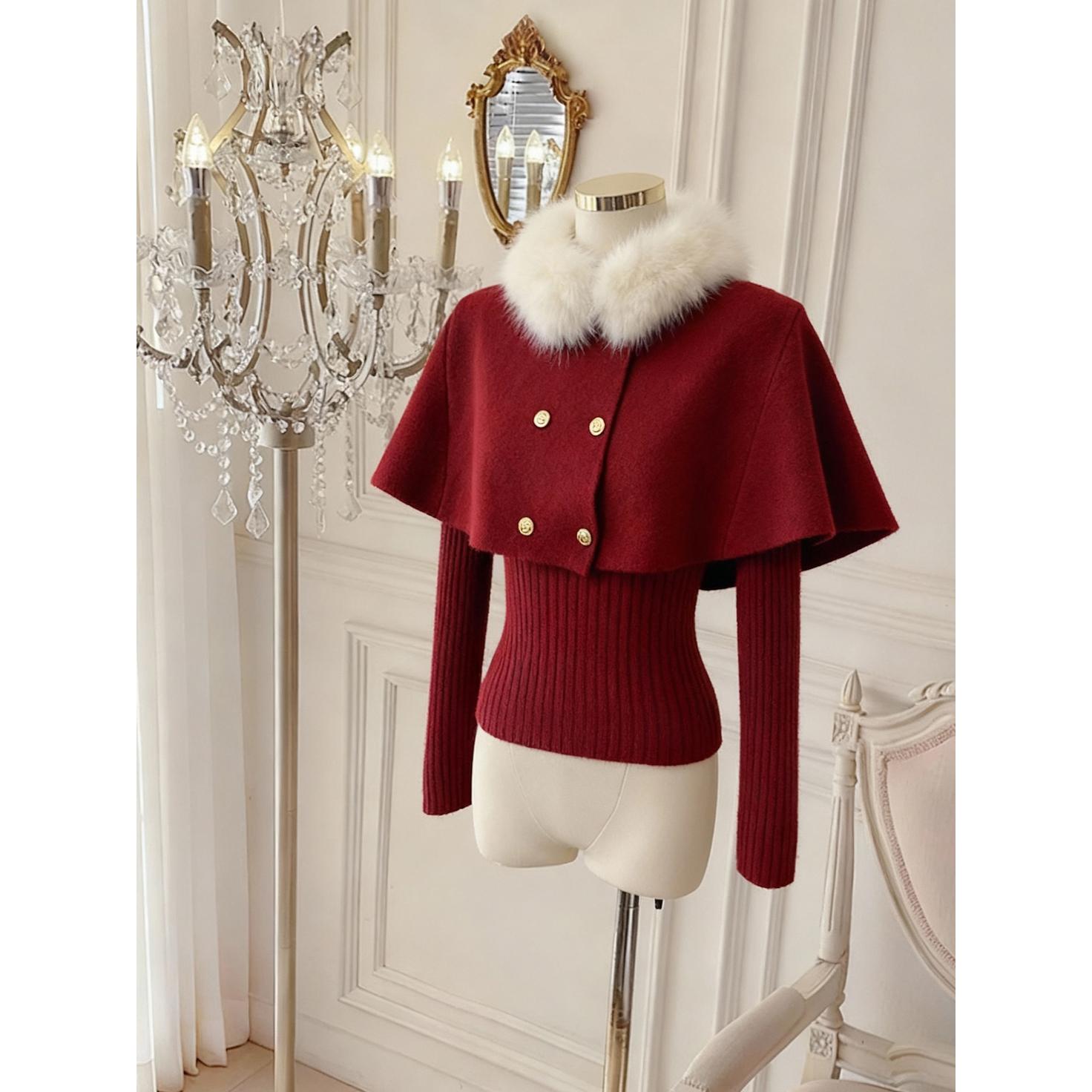 韩国东大门法式甜美圣诞氛围感红毛衣斗篷针织衫两件套装秋冬女