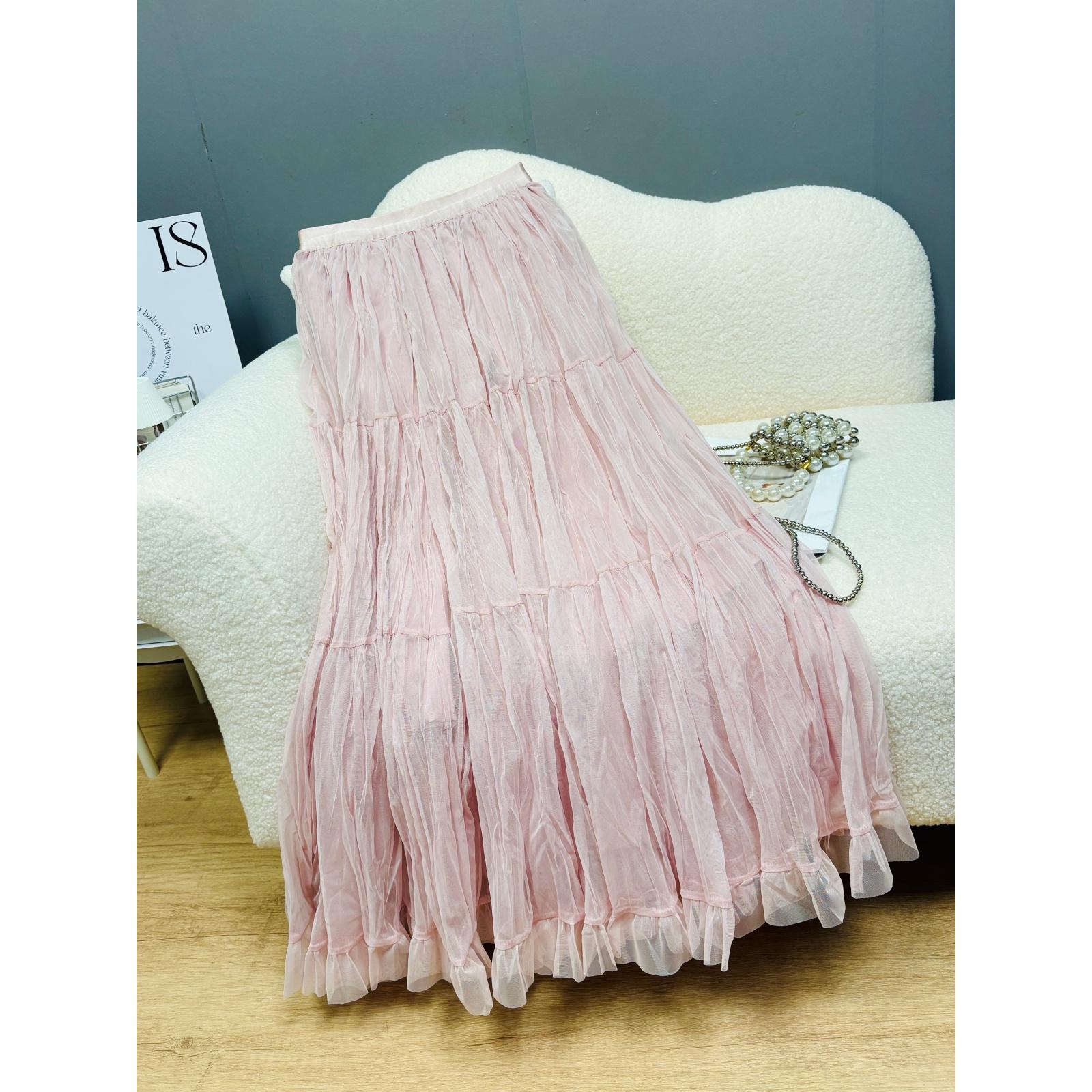 东大门秋冬新款粉色温柔超仙绝美褶皱纱裙韩系chic半身长裙蛋糕裙