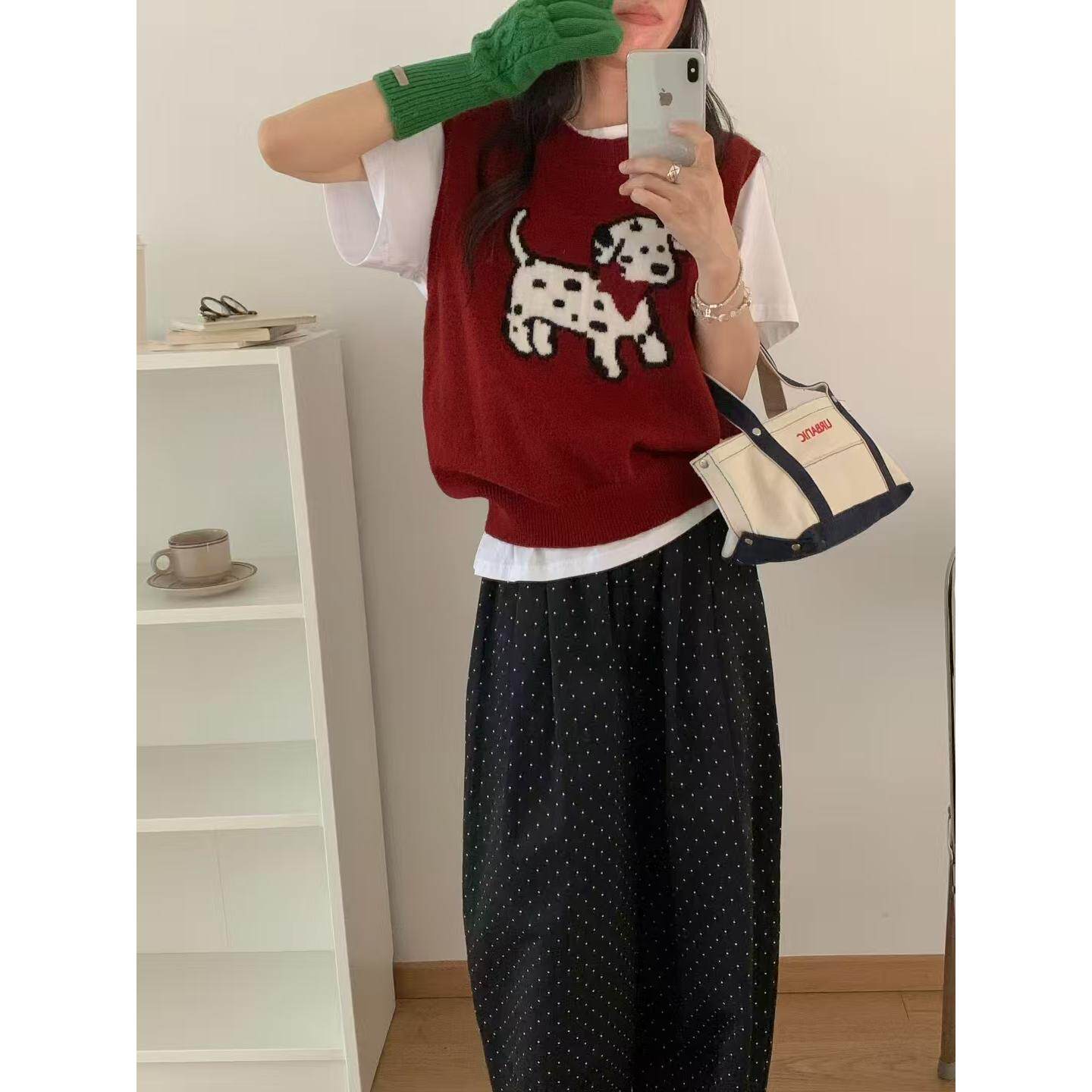 韩国东大门秋季新款可爱斑点狗卡通刺绣针织马甲女百搭坎肩背心