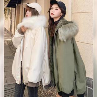 韩版宽松棉服女中长款可拆卸大毛领加绒加厚派克服工装外套
