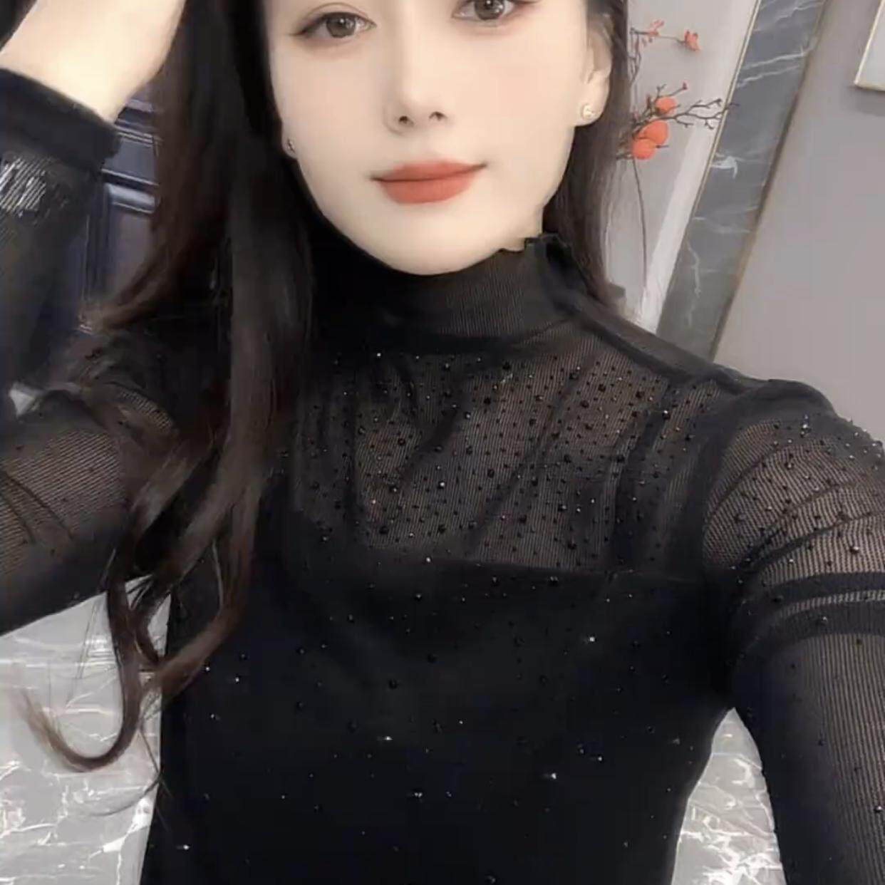 网纱拼接半高领烫钻打底衫女春季新款性感微透内搭长袖t恤ins上衣