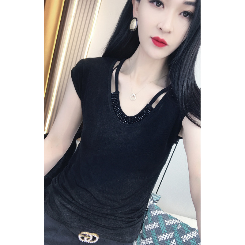 欧货夏新款镶钻U领无袖坎肩T恤女独特别致修身弹力上衣洋气小衫潮
