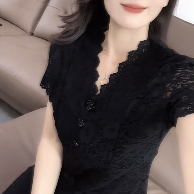 蕾丝打底衫女2025夏季气质微透短袖修身显瘦内搭v领外穿女装上衣