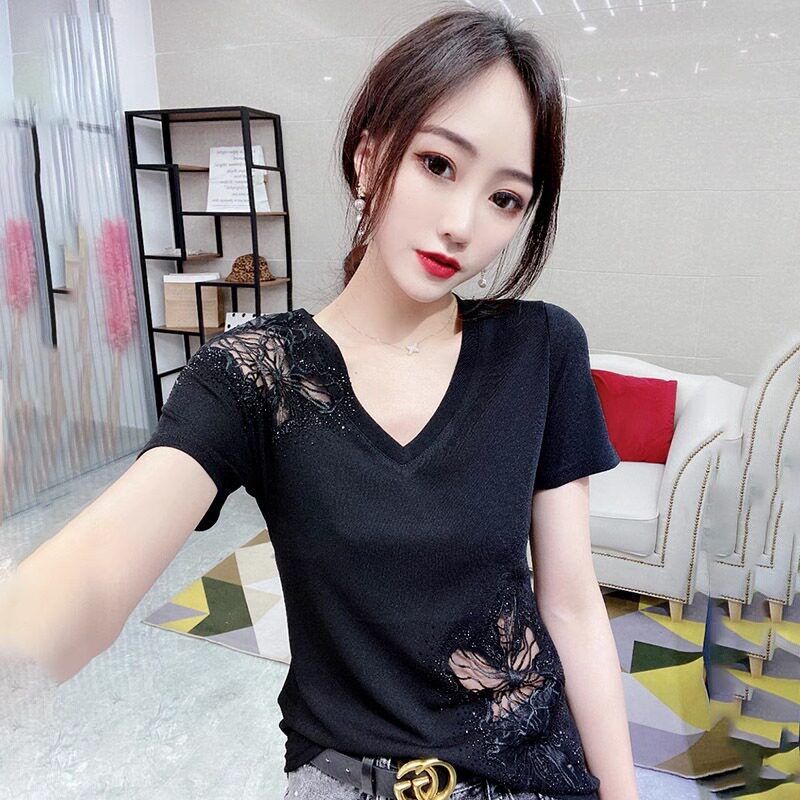 法式高级感烫钻缕空短袖T恤女夏时尚蕾丝V领小衫设计感遮肚子上衣