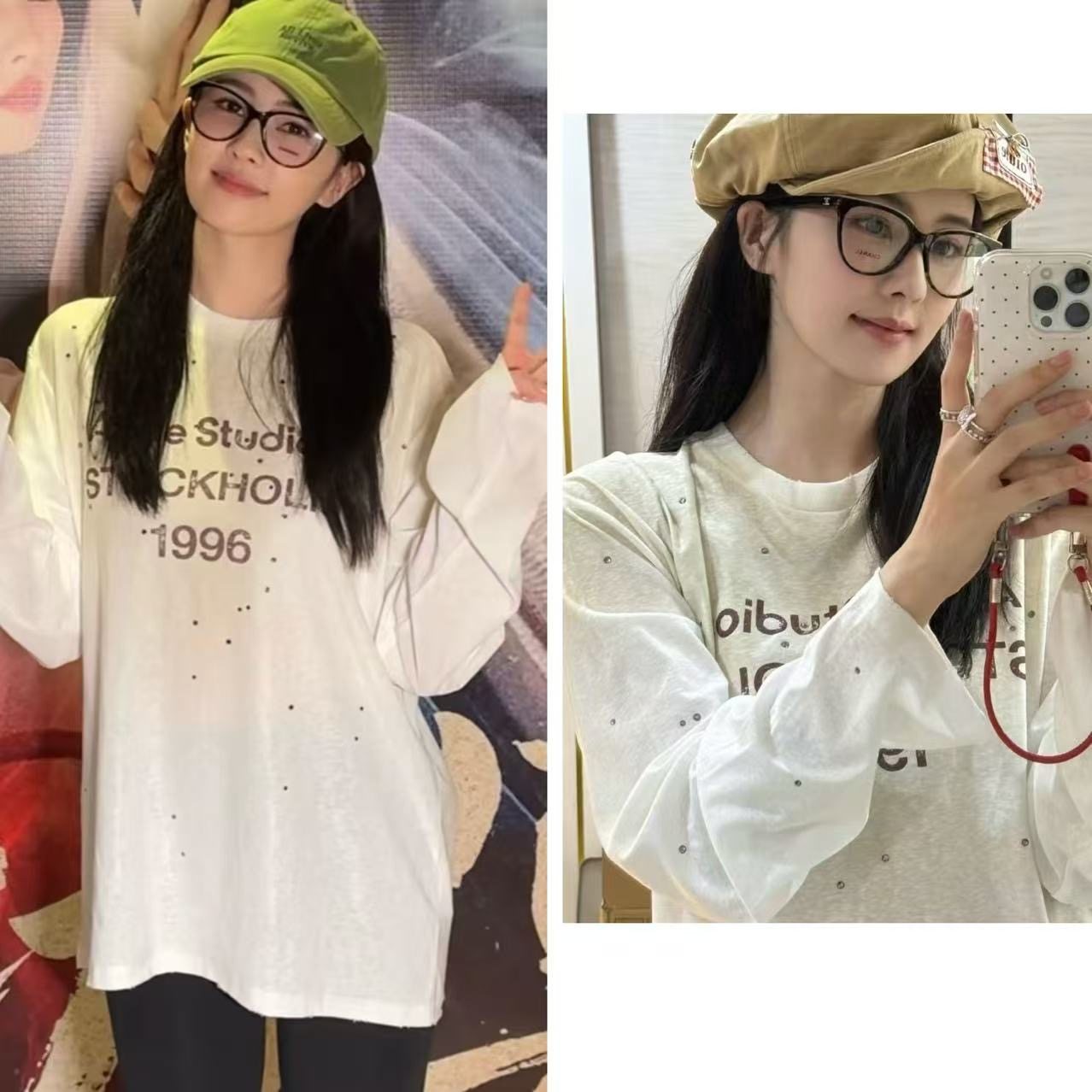 白鹿明星同款白色字母印花烫钻防晒长袖t恤女夏季新款美式上衣潮