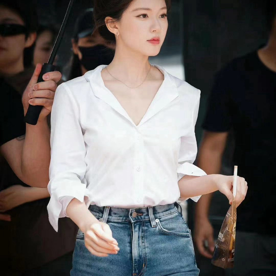 赵露思同款法式长领衬衫白色长袖衬衫女设计感气质通勤百搭上衣秋