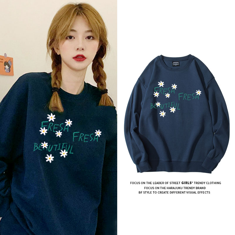 雏菊印花蓝色圆领卫衣显瘦潮ins