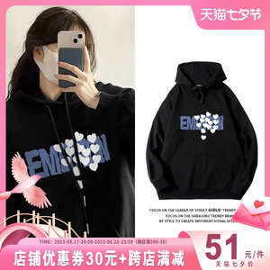 jktee黑色连帽卫衣女宽松外套小众设计感原创潮秋冬加绒上衣内搭