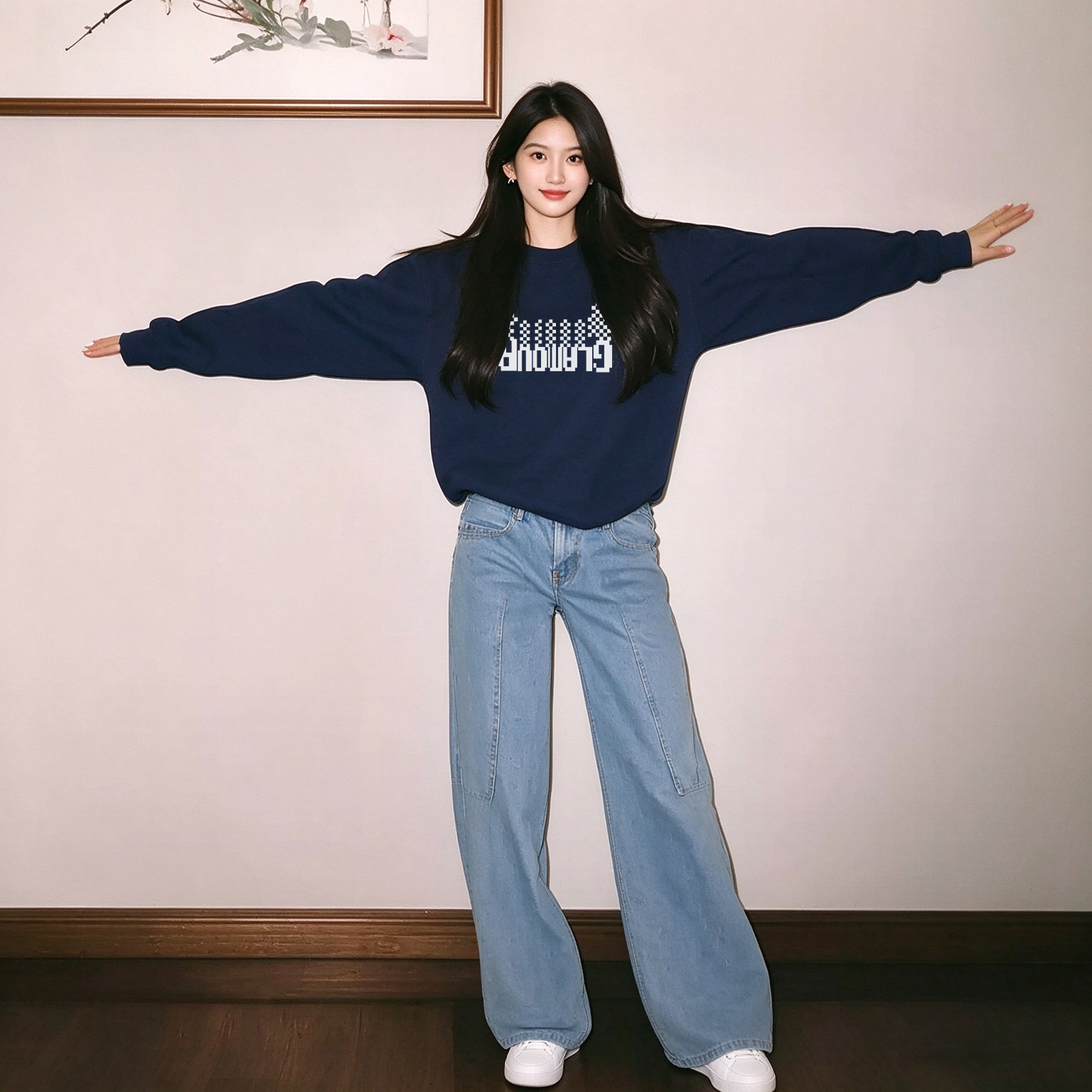 字母印花藏青色圆领卫衣女小个子显瘦百搭少女感春秋薄款长袖上衣 - 丫丫淘宝网