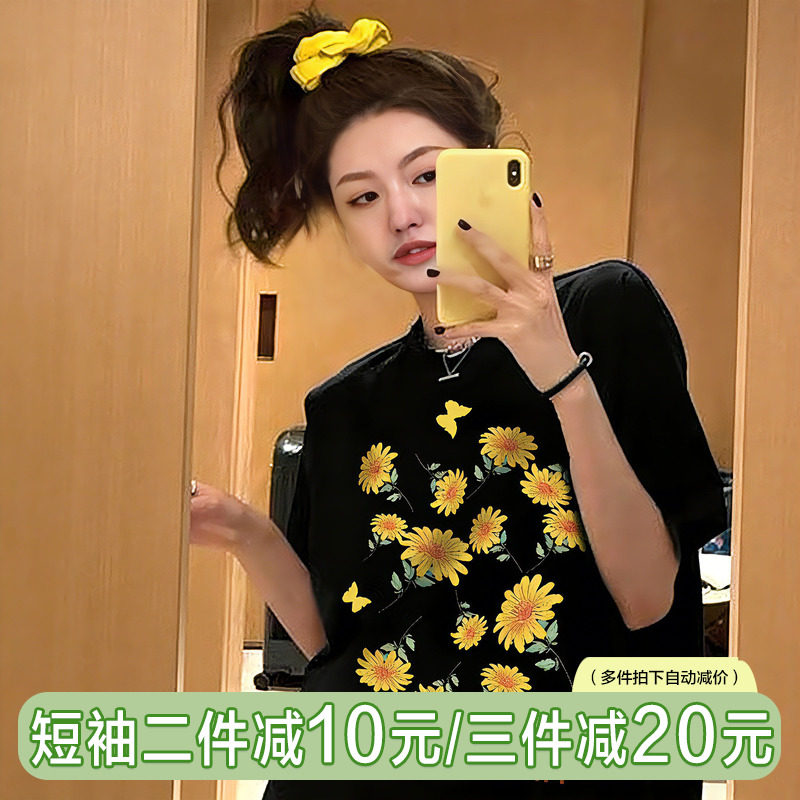 2025春夏新款ins超火雏菊印花黑色短袖t恤女纯棉韩版宽松大码半袖