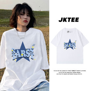 甜酷风小众设计感字母白色正肩短袖t恤女纯棉韩版宽松大码半袖夏