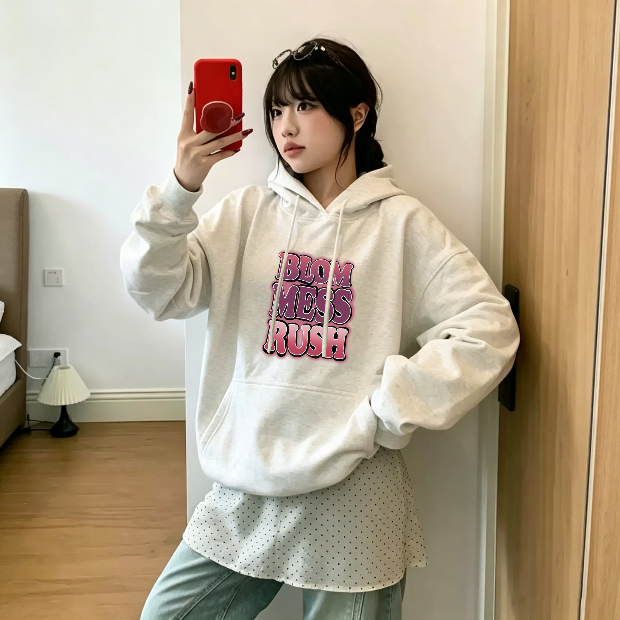美式hiphop白色连帽带帽长袖卫衣