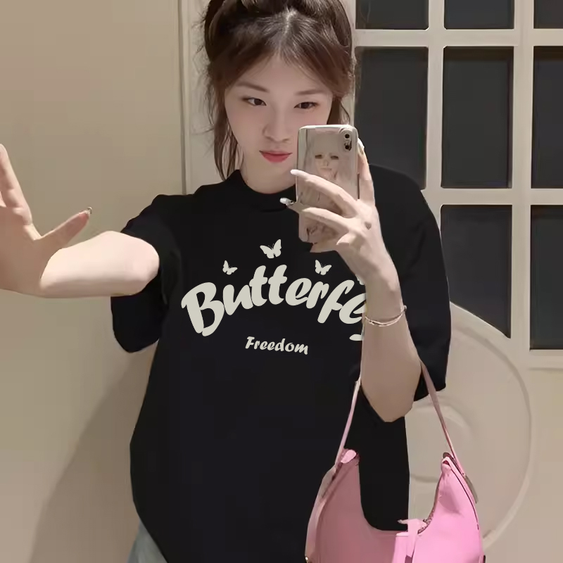 jktee韩系可爱风简约印花黑色短袖t恤女休闲百搭纯棉正肩半袖上衣