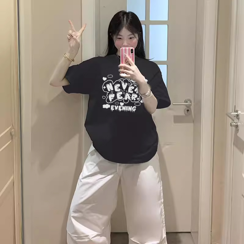 jktee韩系小众ins风黑色短袖t恤女2025夏季新款百搭宽松正肩半袖