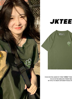 chic港风学院风百搭军绿色短袖t恤女宽松韩版显白正肩半袖上衣潮