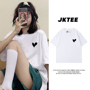 简约胸标印花白色短袖t恤女宽松纯棉半袖夏季百搭休闲日韩体恤衫