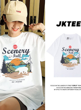 chi港风白色短袖t恤女夏季宽松韩版百搭减龄正肩纯棉半袖学生上衣