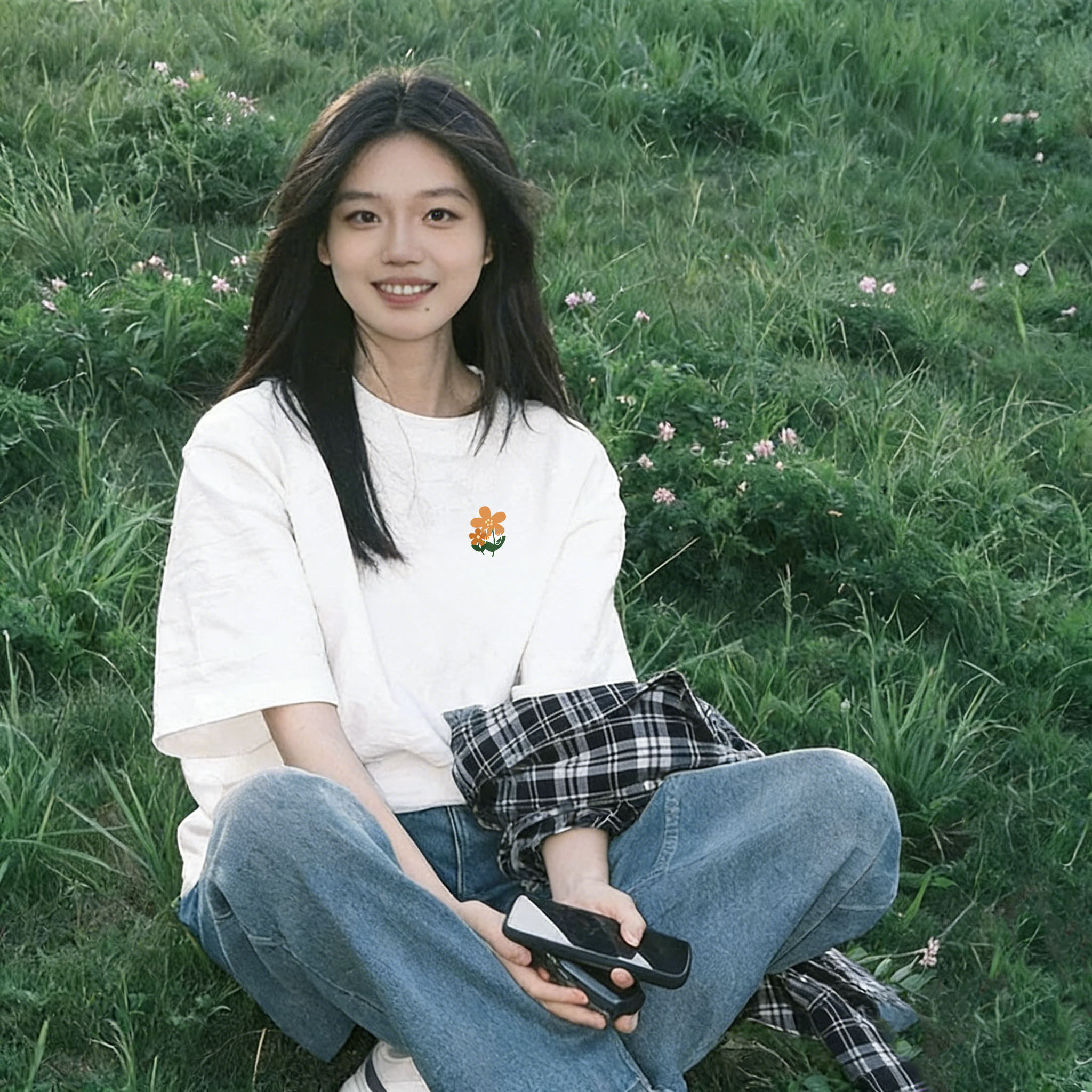 韩风chic小众胸标简约印花白色t恤女短袖宽松减龄纯棉正肩半袖夏
