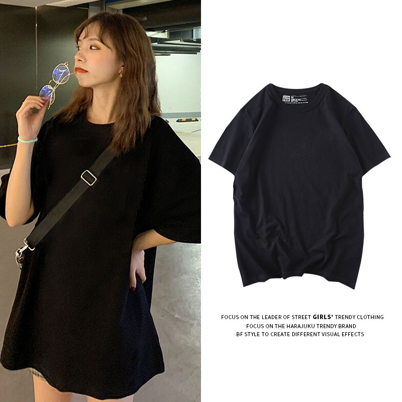 纯色黑色纯棉t恤女短袖韩版宽松大码显瘦bf风简约百搭夏季半袖潮