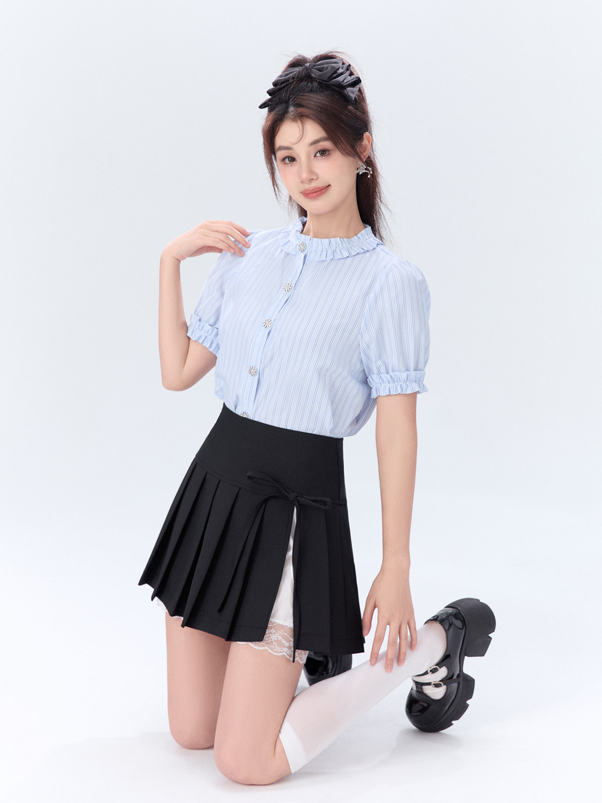 凡兔夏季法式小香风蓝条纹衬衫女2026新款设计感花边领小众上衣