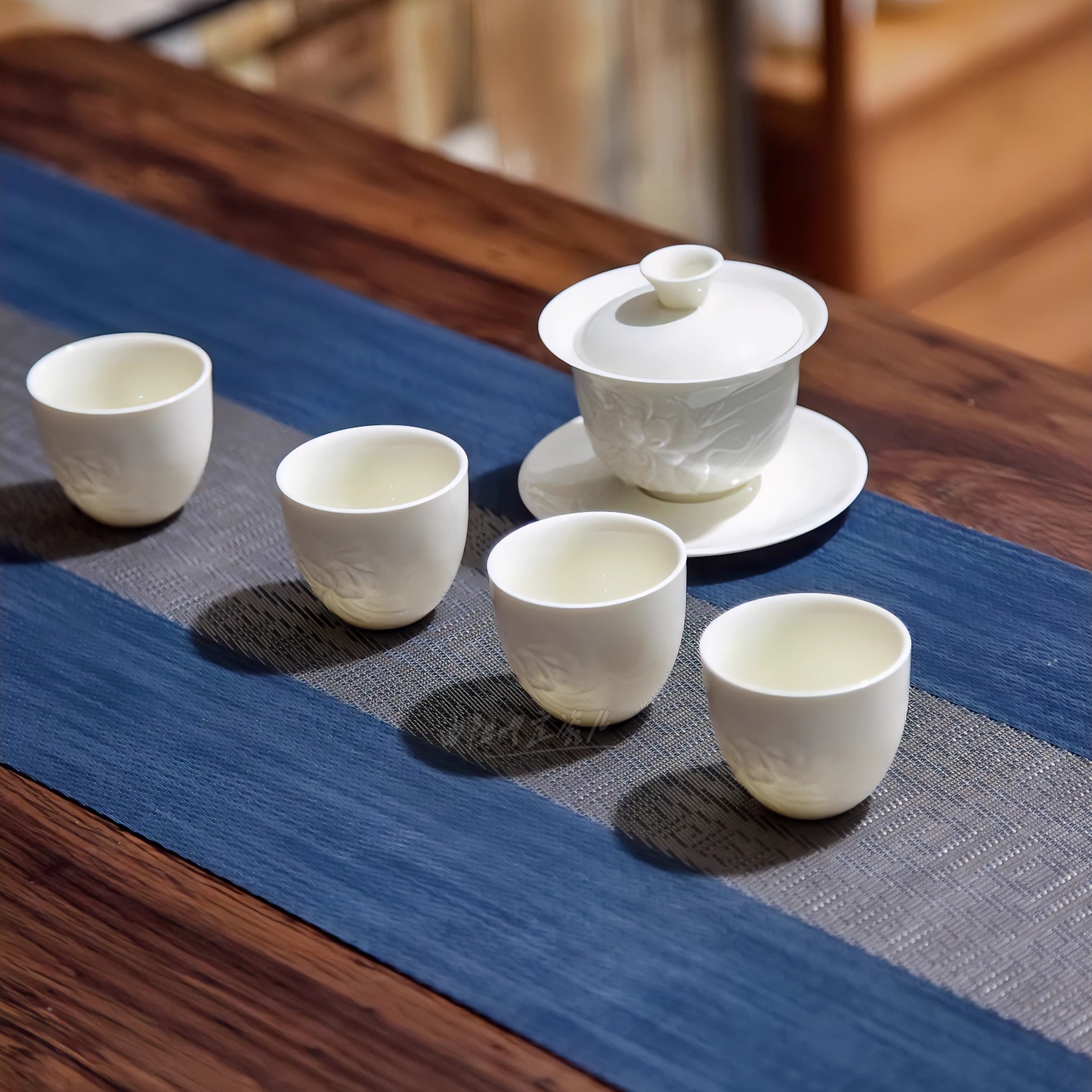 曲阳定瓷整套茶具荷花盖碗礼盒装