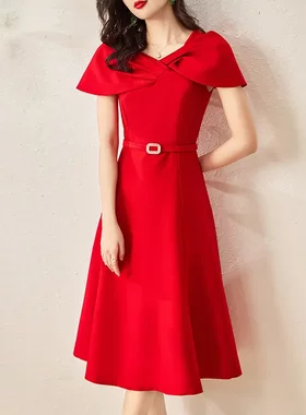 2301311 轻奢女神范新款红装礼服连衣裙女敬酒服主持人晚会大摆女