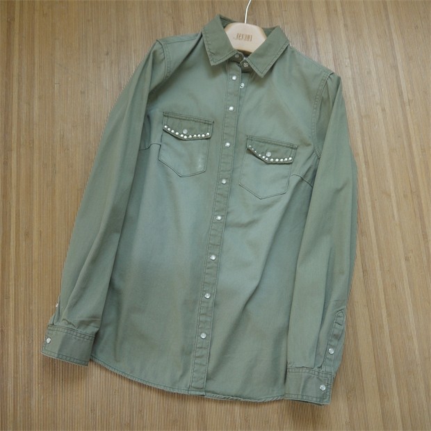 外贸女春秋长袖衬衣重工水洗多袋衬衫纯棉休闲修身上衣朋克铆钉