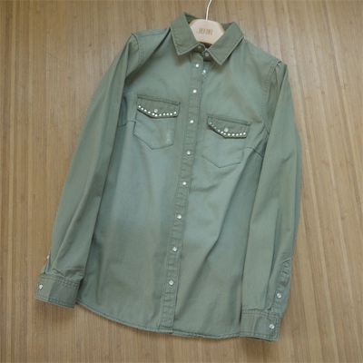 外贸女春秋长袖衬衣重工水洗多袋衬衫纯棉休闲修身上衣朋克铆钉