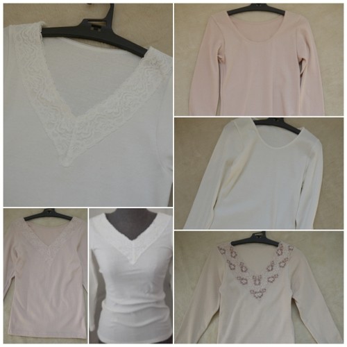 日单女款秋冬内衣打底衫V领蕾丝领T恤衫九分袖针织上衣秋衣居家