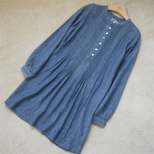 立领长袖天丝麻料女款连衣裙中长款衬衫裙外贸单春秋款做旧牛仔