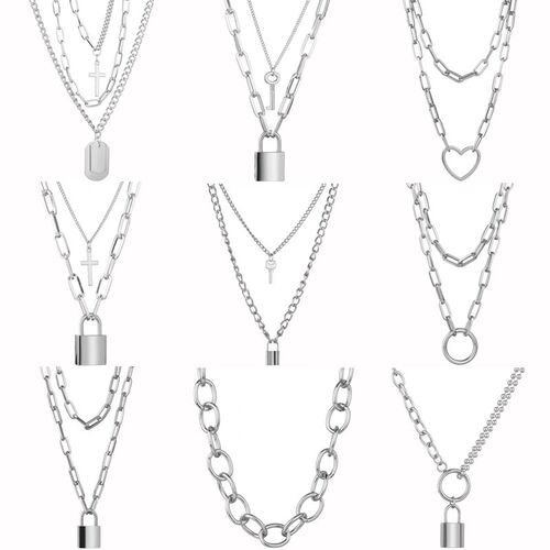 Cute Simple Chain Link Lock Necklace Pendant Women Silver