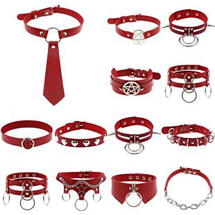 Necklace Neck Red Strap Spiked Choker Sexy Punk Leather