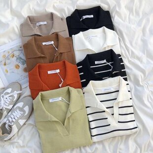 Stripe Women Fit Slim Lapel Neck Sweater Spring Mooirue