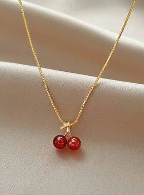 New Wine Red Cherry Gold Color Pendant Necklace For Women