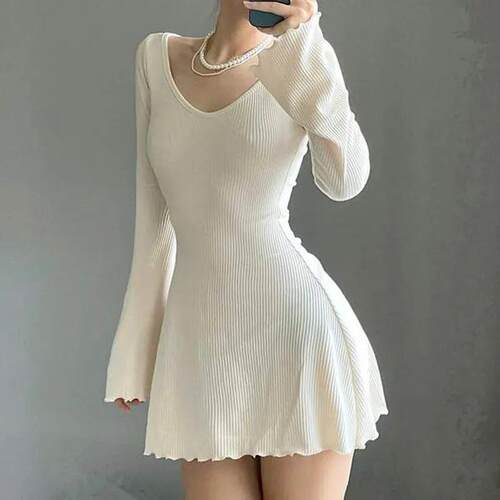 Knitting Elegant Dress For Women Spring Fall Solid Color V N