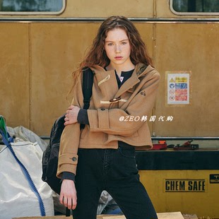 限时特价 韩国代购 kirsh 时尚百搭休闲牛角扣连帽毛呢夹克短外套