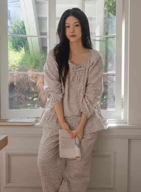 ZEO 韩国正品代购 juuneedu 休闲宽松小碎花睡裙家居服睡衣两件套