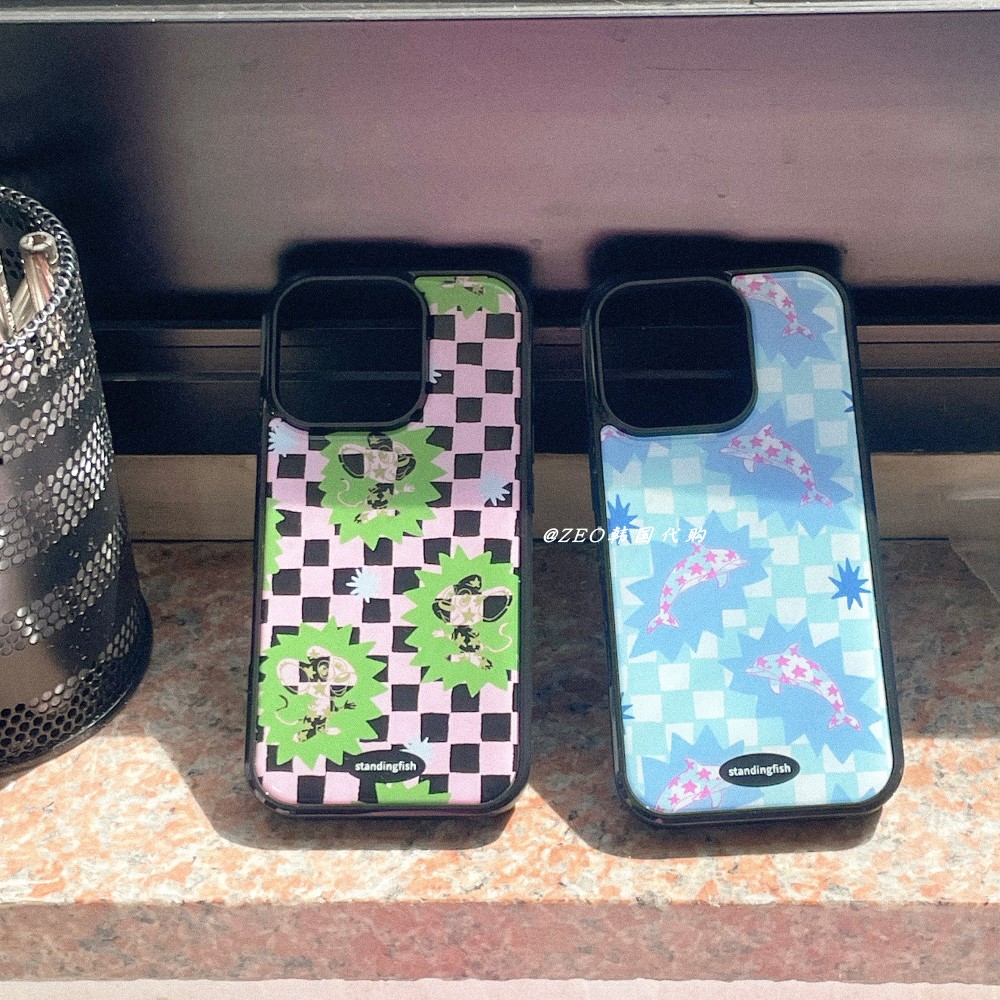 韩国代购棋盘格环氧树脂手机壳