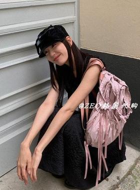 韩国代购 HIGH CHEEKS 蝴蝶结长丝带褶皱双肩包 单肩手提两种背法