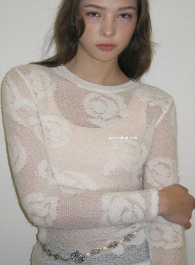 ZEO 韩国代购 sinoon 玫瑰花透视薄款长袖针织衫 小众设计ins风