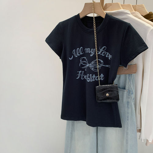 韩系chic别致字母印花圆领正肩短袖T恤女2026夏季绝美漂亮小上衣